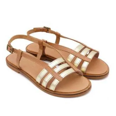 SANDALIA TIRAS PIEL NATURAL Y ORO 2