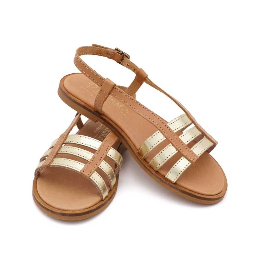 SANDALIA TIRAS PIEL NATURAL Y ORO