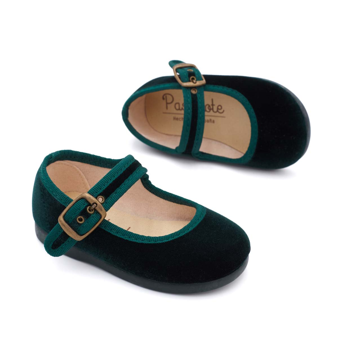 Merceditas de terciopelo verde para bebés y niñas Pasitrote