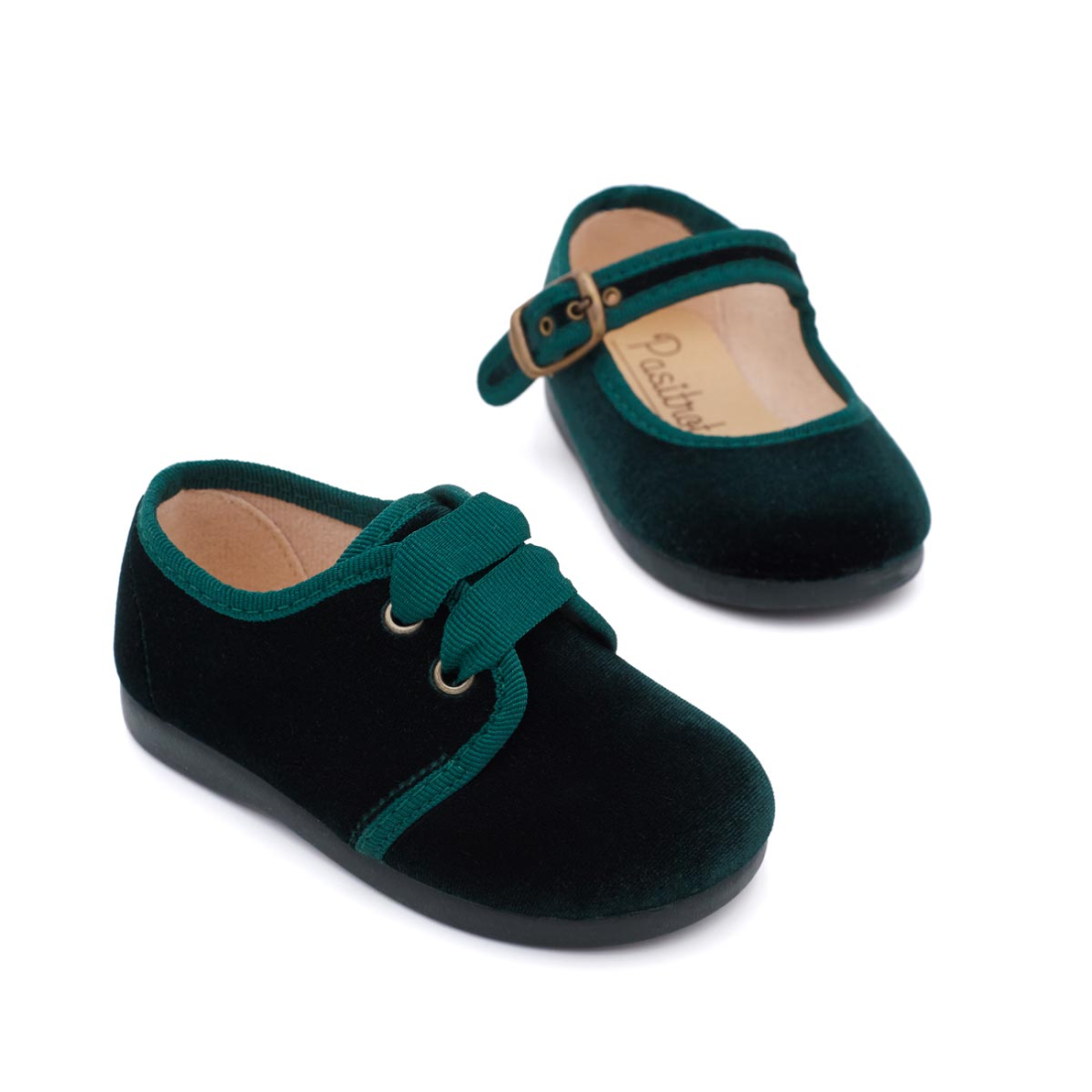 Blucher de terciopelo verde para niños y niñas Pasitrote